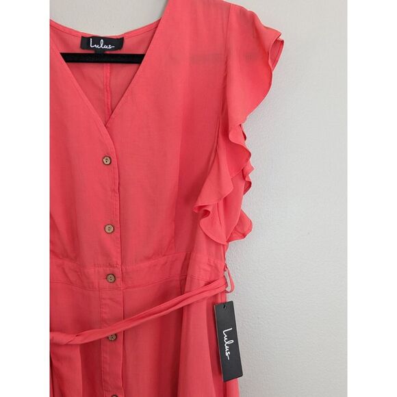 Lulus Capri Coast Coral Pink Button-Front Midi Dress Size‎ 6 NWT - Picture 2 of 7